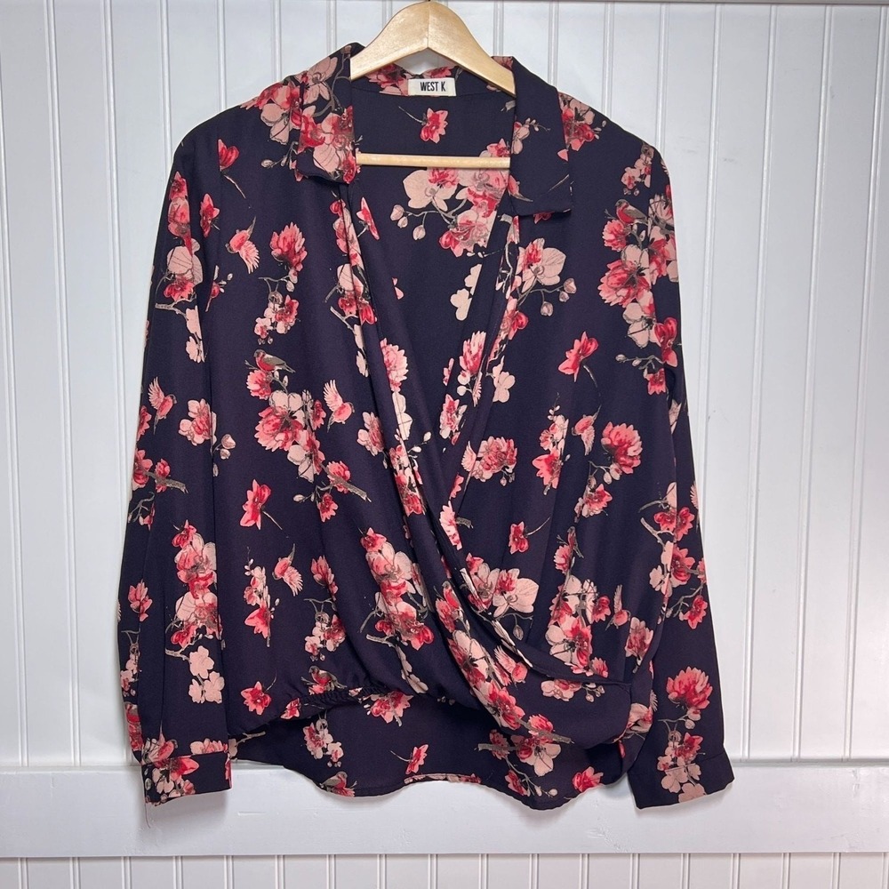 West K Blouse M Floral Cottagecore Glam Surplice High Low Long Sleeve Collared